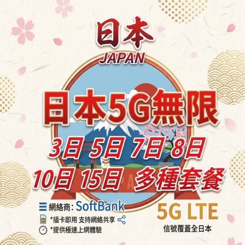 【可選擇eSIM/普通SIM】日本Softbank 5G/4G無限上網卡