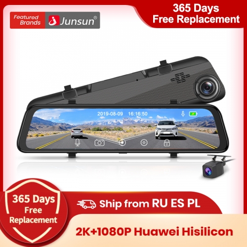 Junsun 12 Inches Super HD 4K 2160P Dash Cam Dual Lens Car DVR Camera Video Recorder Auto Registrar RearView Mirror Night Vision