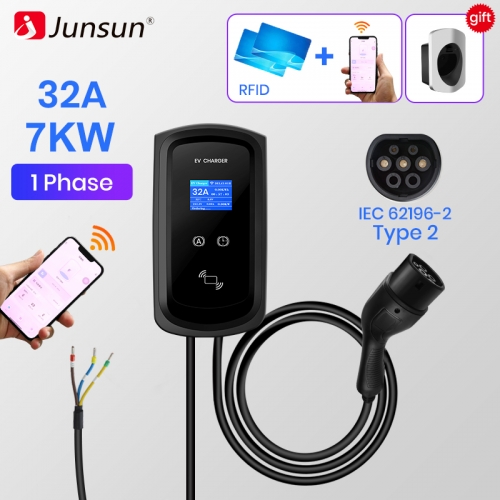 Junsun EV Charging Station 32A Electric Vehicle Car Charger EVSE Wallbox Wallmount 7.5KW Type2 Cable IEC62196 APP Control