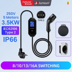 Junsun EV Charger Type 2 Electric Vehicle Portable Charger 3.5kW Switchable 8A-10A-13A-16A Schuko Plug Charging Single Phase