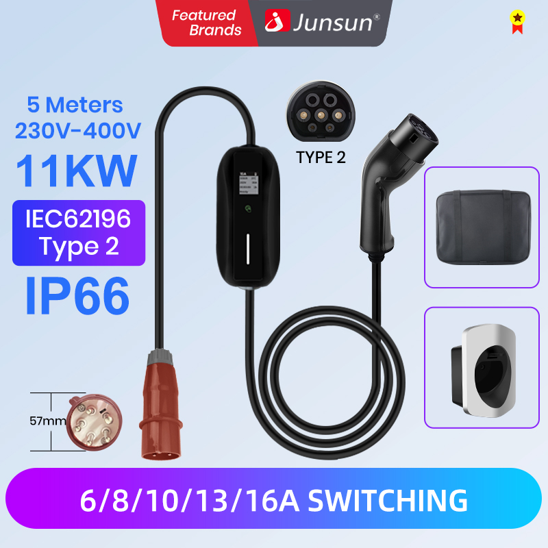 Junsun EV Charger 7KW 32A Fast Charger Type 2 Electric Vehicle Wallbox  Portable Charger Box EVSE Controller Charging CEE Plug