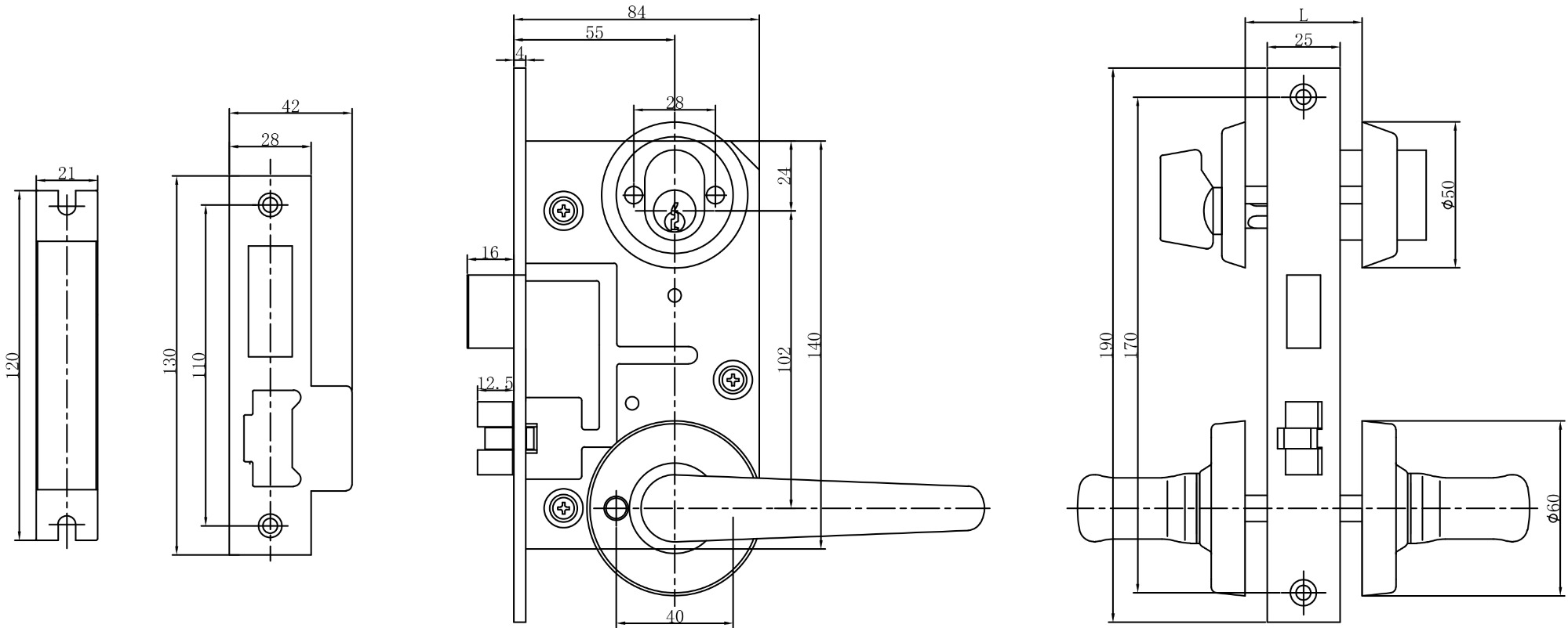 IMPA 490113 Marine Door Cylinder Mortise Lock with Lever Handles