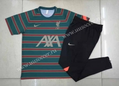 2021-2022 Liverpool Dark Green stripes Thailand Short-Sleeve Soccer Tracksuit Uniform-815