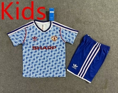 Retro Version 90-92 Manchester United Away Blue Kids/Youth Soccer Uniform-8975