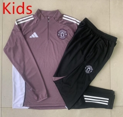 2025-26 Manchester United Grey&Purple Kids/Youth Soccer Tracksuit -815
