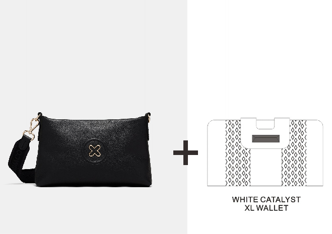 BLACK GOLD BAY CROSSBODY BAG AND WHITE CATALYST XL WALLET 黑色大X挎包加白色打孔大钱包