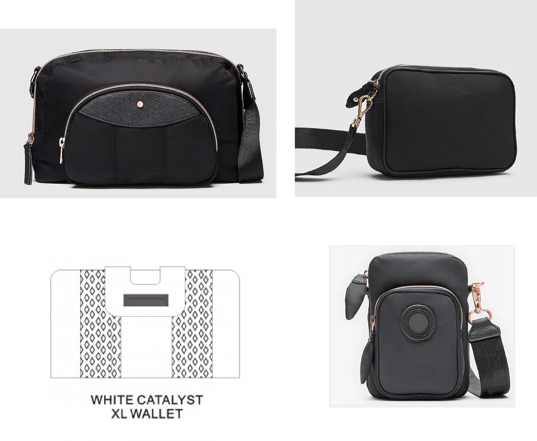 BLACK ROSEGOLD COLOR VISTA SATCHEL CROSS BODY BAG+FLIGHT BAG+CATALYST XL WALLET+RECLAIM TEC BAG