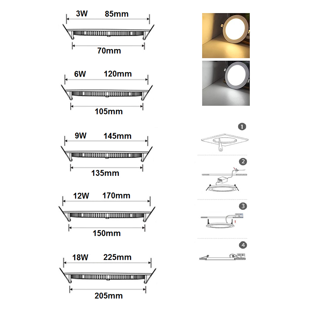 3W Recessed LED Panel Light Warm White Cool White
