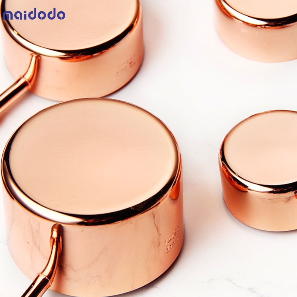 Set of Measuring Cups and Measuring Spoons With Thickened Wood Handle, Copper Plated Stainless Steel, 4 Measuring Cups + 4 Measuring Spoons