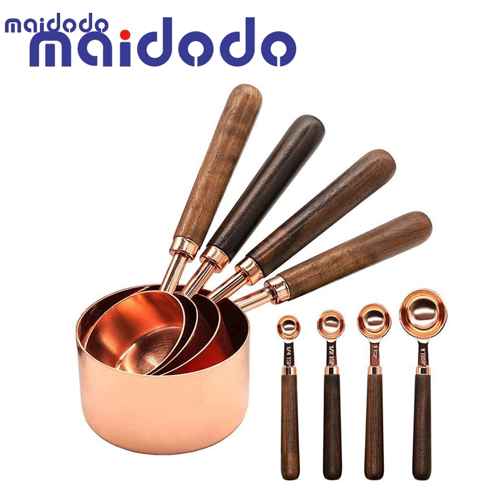 Set of Measuring Cups and Measuring Spoons With Thickened Wood Handle, Copper Plated Stainless Steel, 4 Measuring Cups + 4 Measuring Spoons