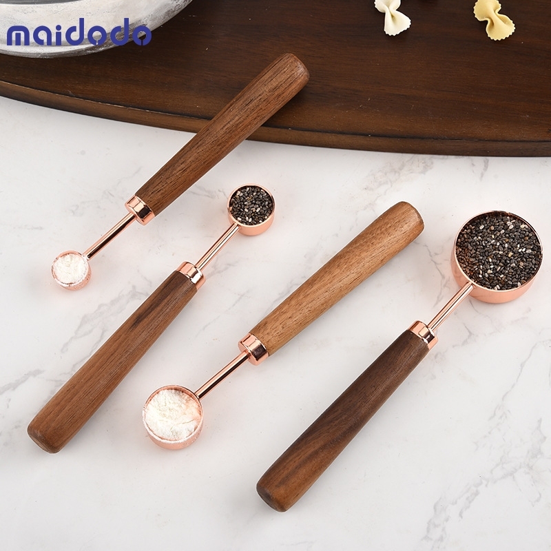 Set of Measuring Cups and Measuring Spoons With Thickened Wood Handle, Copper Plated Stainless Steel, 4 Measuring Cups + 4 Measuring Spoons