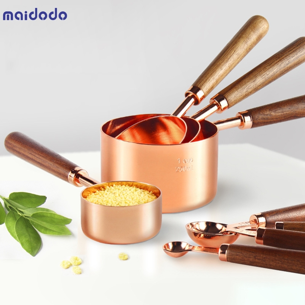Set of Measuring Cups and Measuring Spoons With Thickened Wood Handle, Copper Plated Stainless Steel, 4 Measuring Cups + 4 Measuring Spoons