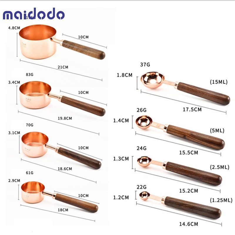 Set of Measuring Cups and Measuring Spoons With Thickened Wood Handle, Copper Plated Stainless Steel, 4 Measuring Cups + 4 Measuring Spoons