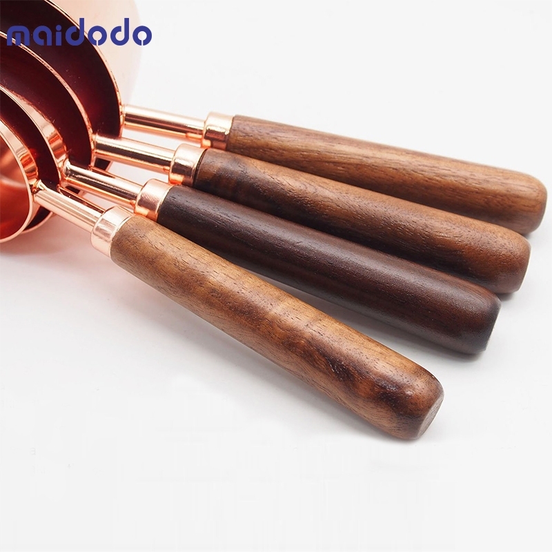 Set of Measuring Cups and Measuring Spoons With Thickened Wood Handle, Copper Plated Stainless Steel, 4 Measuring Cups + 4 Measuring Spoons