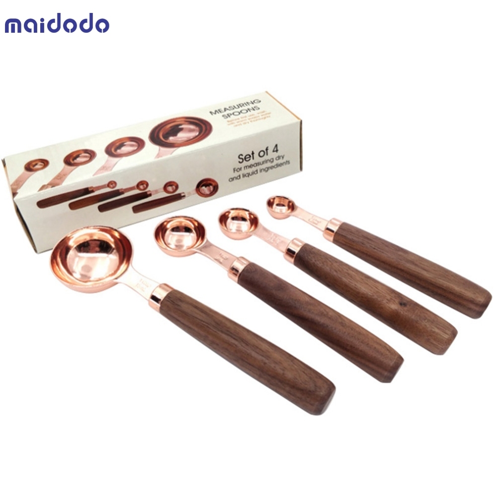 Set of Measuring Cups and Measuring Spoons With Thickened Wood Handle, Copper Plated Stainless Steel, 4 Measuring Cups + 4 Measuring Spoons