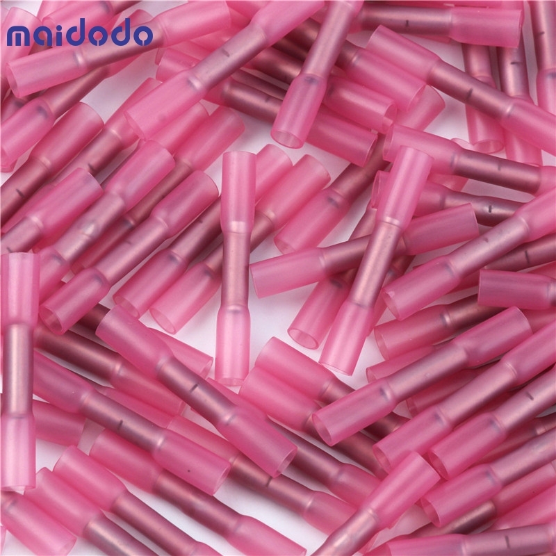 Red Heat Shrink Connectors Insulated Waterproof Crimp Terminals Seal Butt Electrical Wire Connector 22-18 AWG