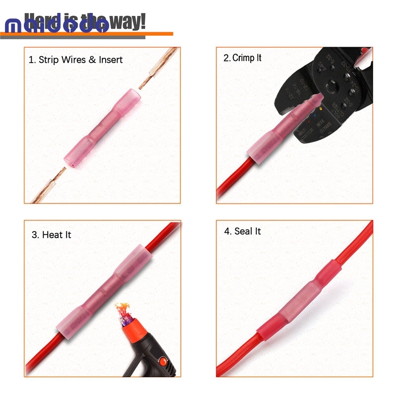 Red Heat Shrink Connectors Insulated Waterproof Crimp Terminals Seal Butt Electrical Wire Connector 22-18 AWG