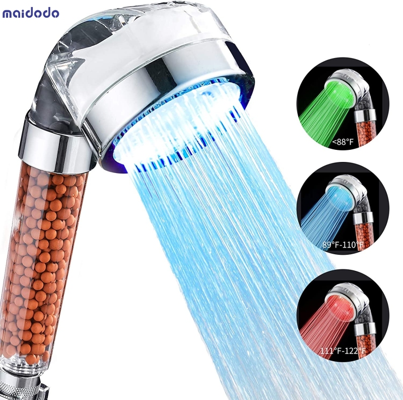 3 Color Changing LED Anion Spa Shower Head Temperature Control Bathroom High Pressure Water Saving Handheld Filter Sprinkler