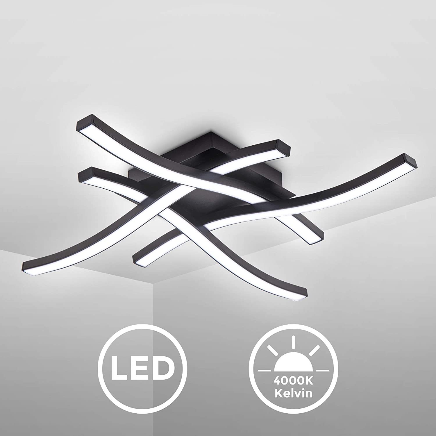 B.K.Licht I 4-flammige geschwungene LED Deckenleuchte I 4.000K Neutralweiß I 20 Watt I 2.000 Lumen I Schwarz I Acrylweiß I Wellenförmig I 425x425x70 mm [Energieklasse F]