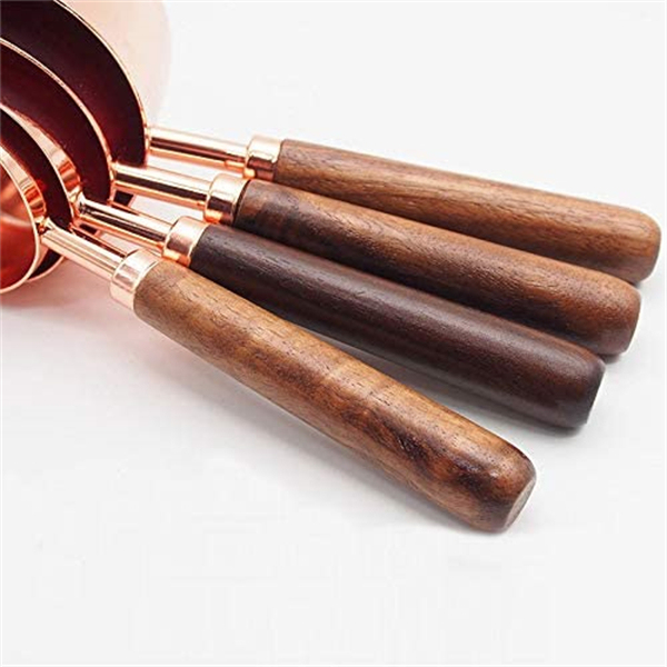 maidodo Measuring Cups and Spoons Set, Thickened Wooden Handle Rose Gold Stainless Steel Copper Plated Baking Tool,4 Measuring Cups + 4 Measuring Spoons