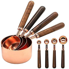 maidodo Measuring Cups and Spoons Set, Thickened Wooden Handle Rose Gold Stainless Steel Copper Plated Baking Tool,4 Measuring Cups + 4 Measuring Spoons