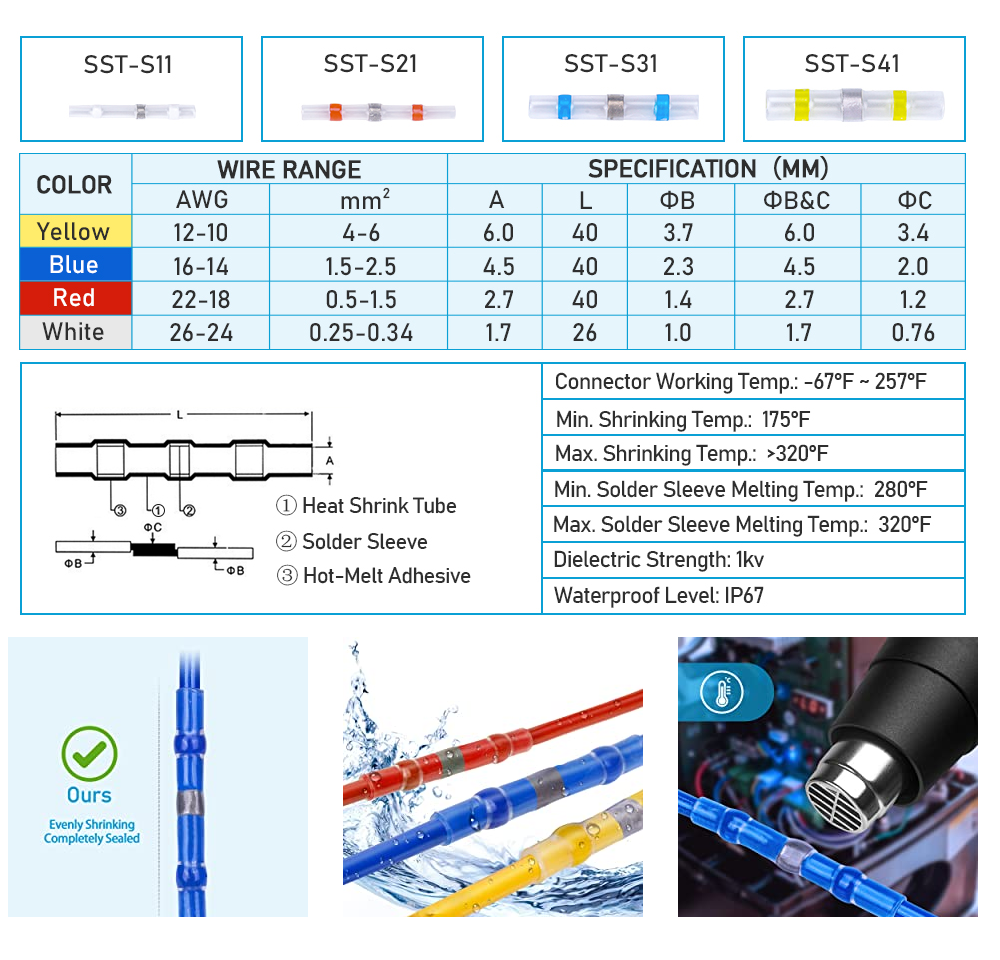 100pcs Solder Seal Butt Connectors 22-18 AWG Red Waterproof Heat Shrink Wire Connectors Automotive Marine Electrical Terminals