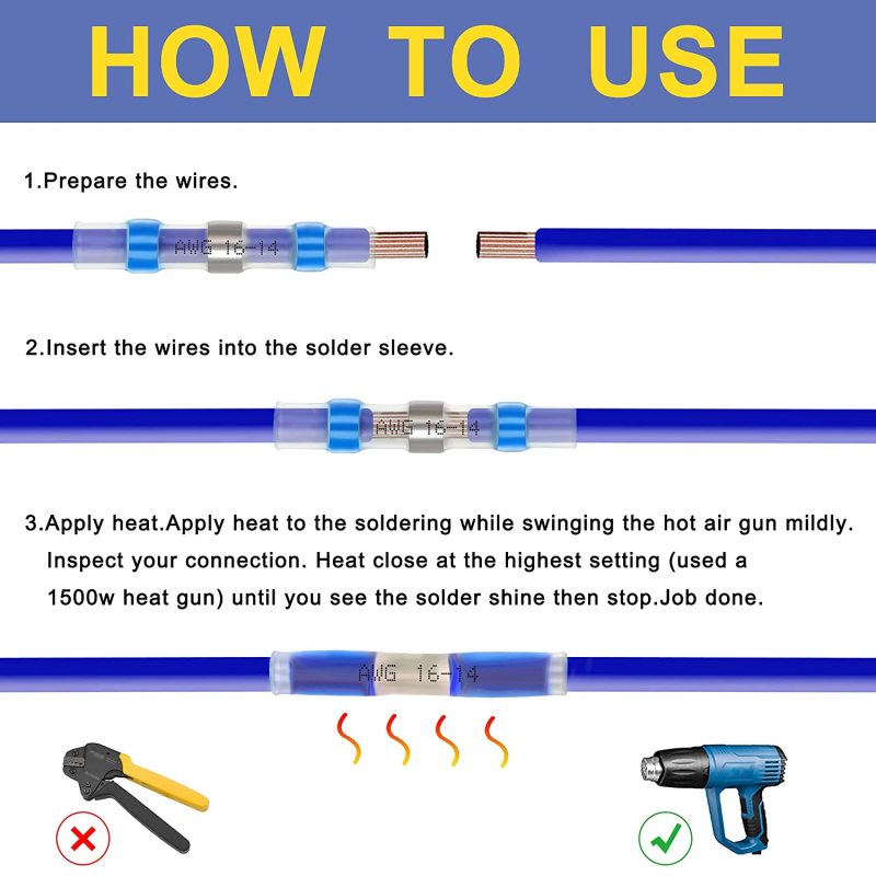 120PCS Solder Seal Wire Connectors, Self-Solder Heat Shrink Butt Connector Solder Sleeve Waterproof Insulated Electrical Butt Splice Wire Terminals for Marine Automotive Boat Truck Wire Joint