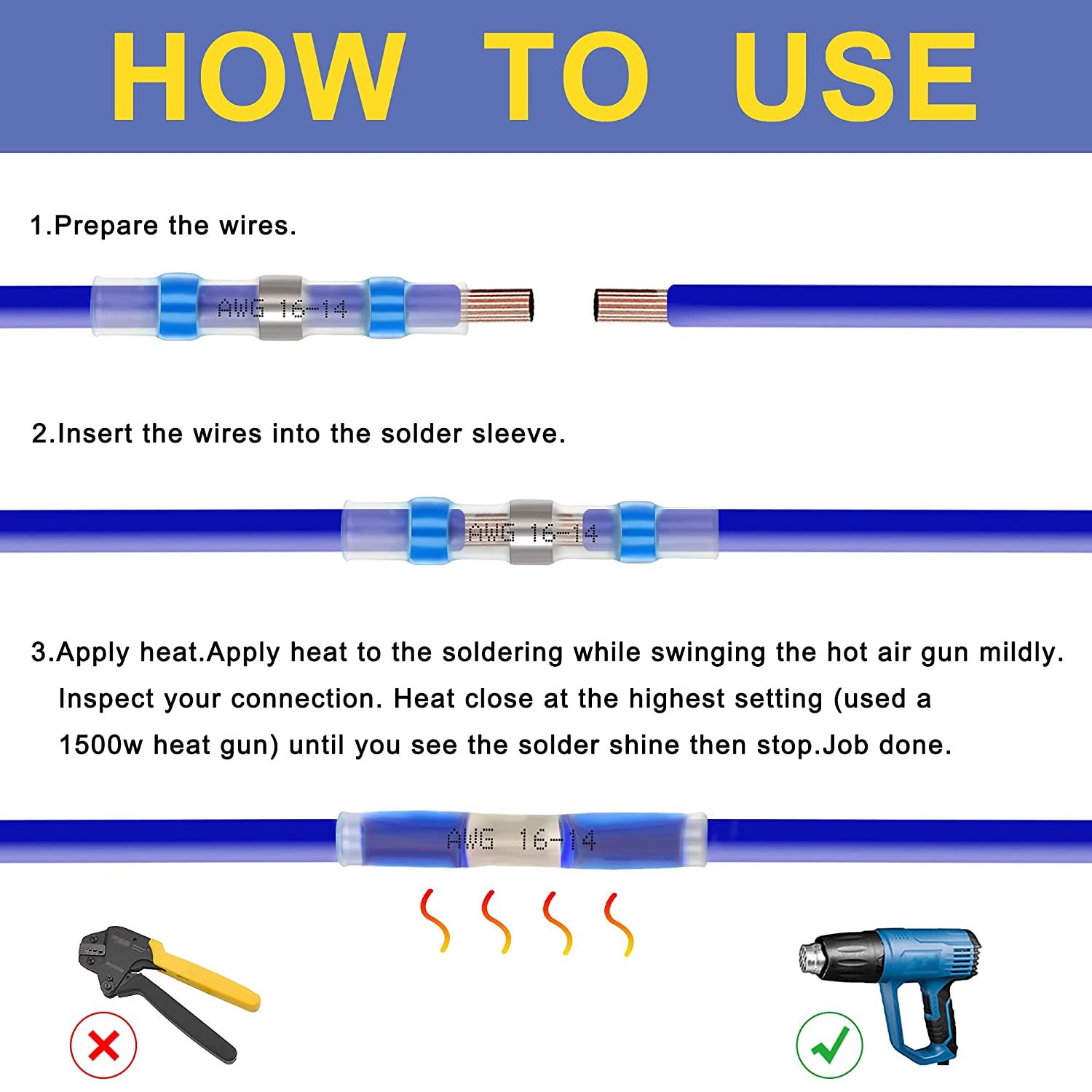 100pcs Solder Seal Butt Connectors 16-14 AWG Blue Waterproof Heat Shrink Wire Splice Connectors Solder Stick Electrical Terminals