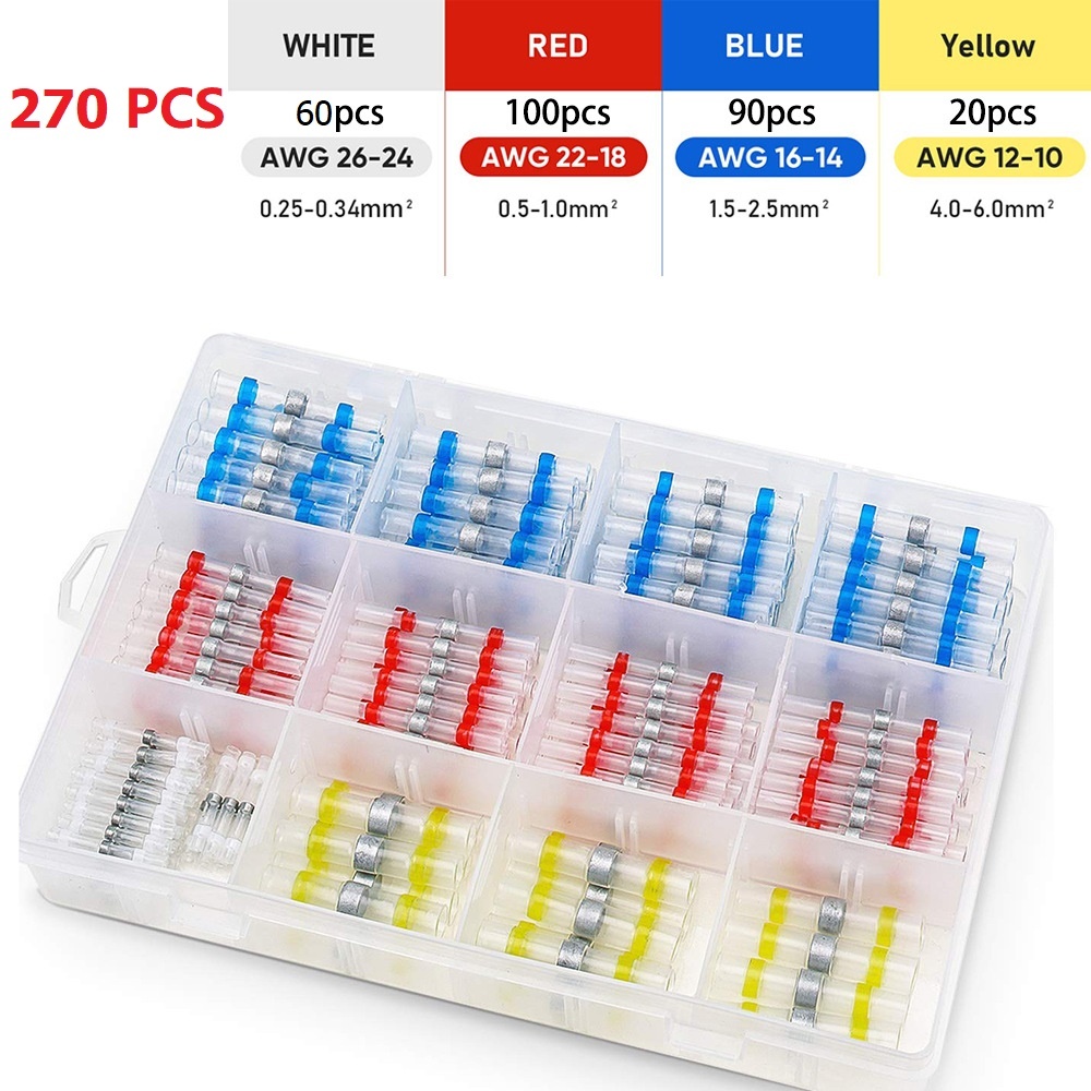 270 PCS Solder Seal Wire Connector Kit, Solder Seal Butt Terminal Waterproof Insulated Electrical Butt Terminals Wire Splice for Automotive Marine Boat