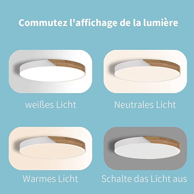 18W Plafonnier Bois Moderne Rond 30cm LED Ultra Plat Lampes, de Plafond, Luminaire Intérieur Parfait pour Chambre, Cuisine, Entreé et le Couloir Blanc Froid 6000k