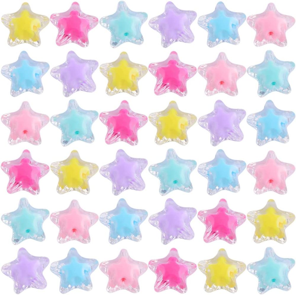 100pcs 13mm Star Charm Bead Acrylic Pastel Beads Transparent Frosted Candy Cute Colorful Kawaii for Bracelet Phone Lanyard Wrist Strap DIY Craft Jewelry Necklace Making