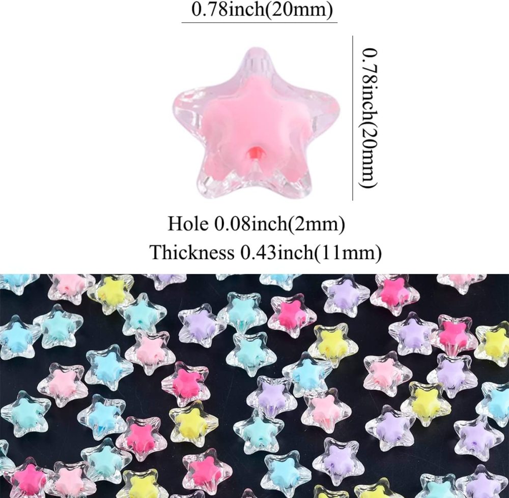 100pcs 13mm Star Charm Bead Acrylic Pastel Beads Transparent Frosted Candy Cute Colorful Kawaii for Bracelet Phone Lanyard Wrist Strap DIY Craft Jewelry Necklace Making