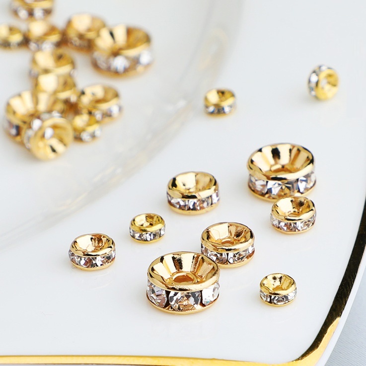 50PCS Spacer Beads Gold Silver Plated Round Crystal Rhinestone Loose Beads for Jewelry Making Necklaces Bracelets Earrings DIY