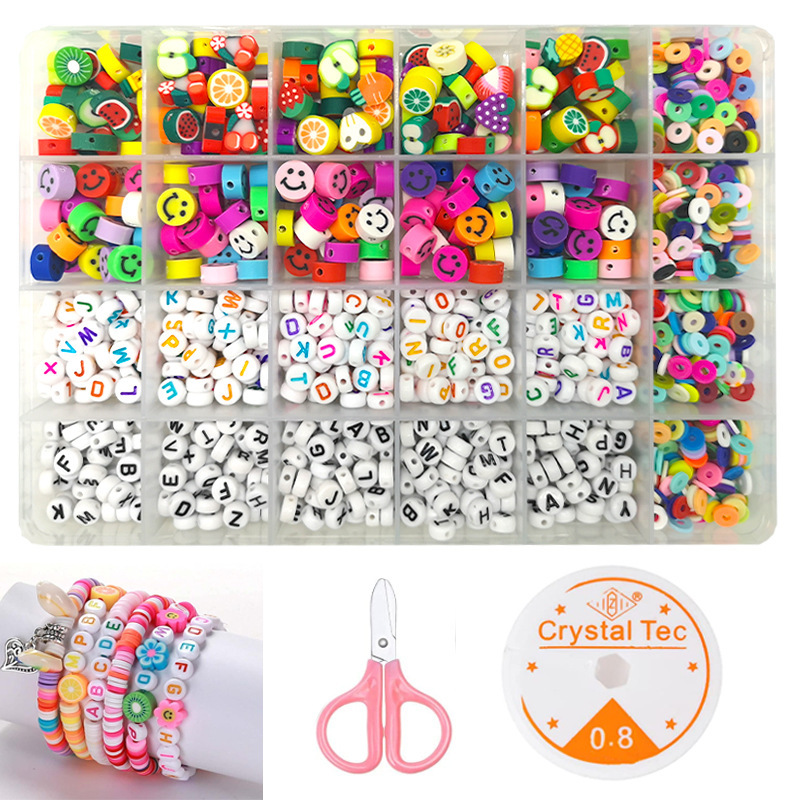 1600PCS Fruit Smiley Handmade Polymer Clay Beads Letter Beads Soft Beads for Women Girls Jewelry Making DIY Bracelet Necklace Earring Accessories with 4m Crystal Elastic String.