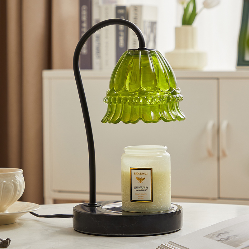 Electric Candle Warmer Lamp Green Glass Lampshade Marble Base with 2 Bulbs Dimmable Switch Vintage Wax Melting Candle Table Lamp