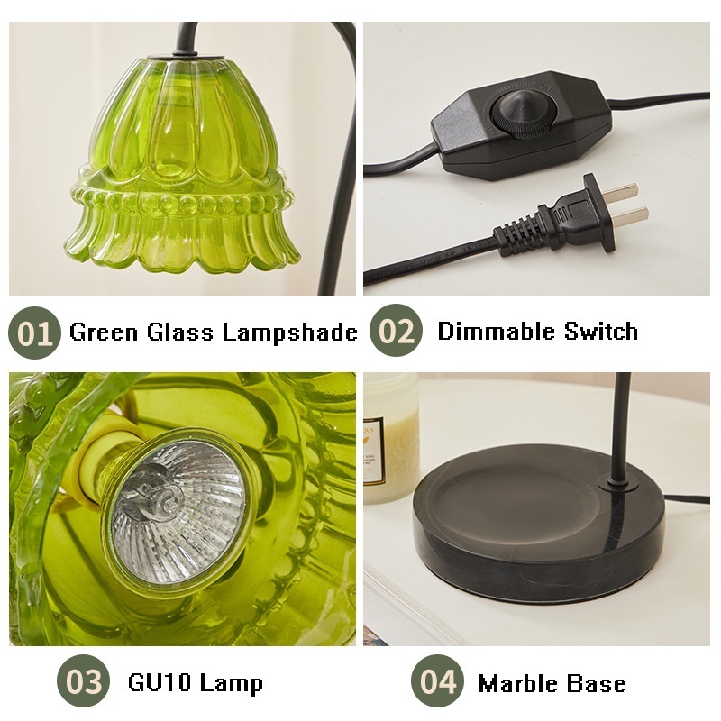 Electric Candle Warmer Lamp Green Glass Lampshade Marble Base with 2 Bulbs Dimmable Switch Vintage Wax Melting Candle Table Lamp