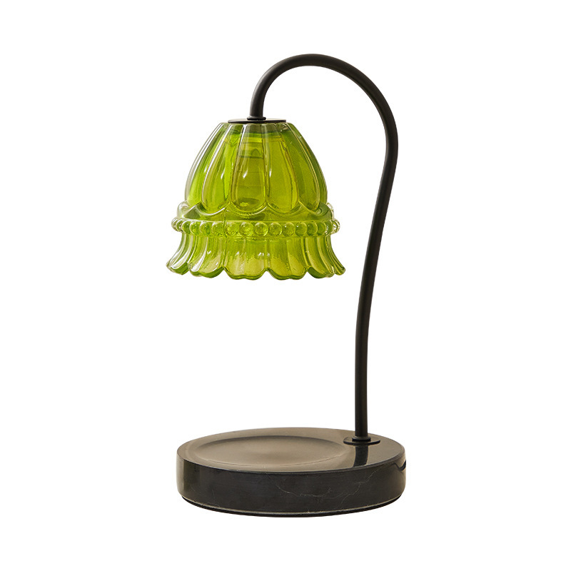Electric Candle Warmer Lamp Green Glass Lampshade Marble Base with 2 Bulbs Dimmable Switch Vintage Wax Melting Candle Table Lamp