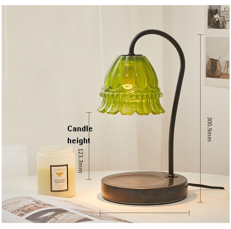 Electric Candle Warmer Lamp Green Glass Lampshade Marble Base with 2 Bulbs Dimmable Switch Vintage Wax Melting Candle Table Lamp