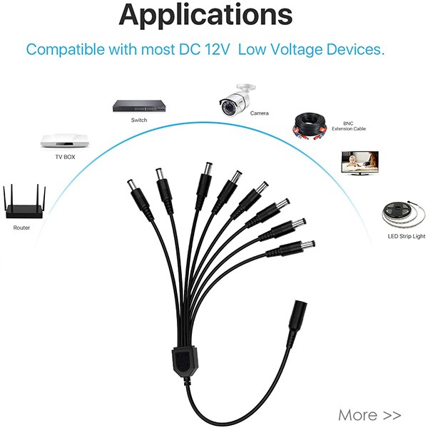 1 Female to 8 Male maidodo DC Power Splitter Cable, Y Extension Wire, 1 to 8 Adapter Cable Connectors for Led Strip CCTV Security Camera Cable Wire Ends Plug