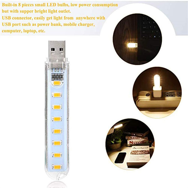 maidodo USB Light,Night Light Plug in,Small Led Light Stick with 8 Lamp Beads for Power Brick/Portable Power Station(Pack of 5)