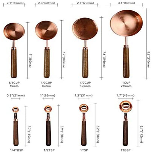 maidodo Measuring Cups and Spoons Set, Thickened Wooden Handle Rose Gold Stainless Steel Copper Plated Baking Tool,4 Measuring Cups + 4 Measuring Spoons