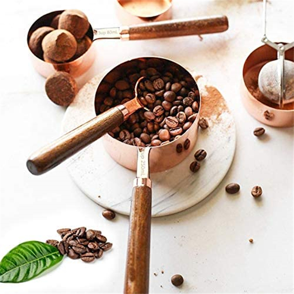 maidodo Measuring Cups and Spoons Set, Thickened Wooden Handle Rose Gold Stainless Steel Copper Plated Baking Tool,4 Measuring Cups + 4 Measuring Spoons