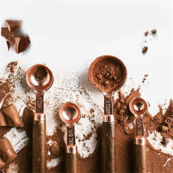 maidodo Measuring Cups and Spoons Set, Thickened Wooden Handle Rose Gold Stainless Steel Copper Plated Baking Tool,4 Measuring Cups + 4 Measuring Spoons