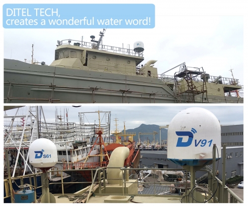 DITEL V91 maritime satellite VSAT antenna and S61 TV satellite antenna installed on fishing ship