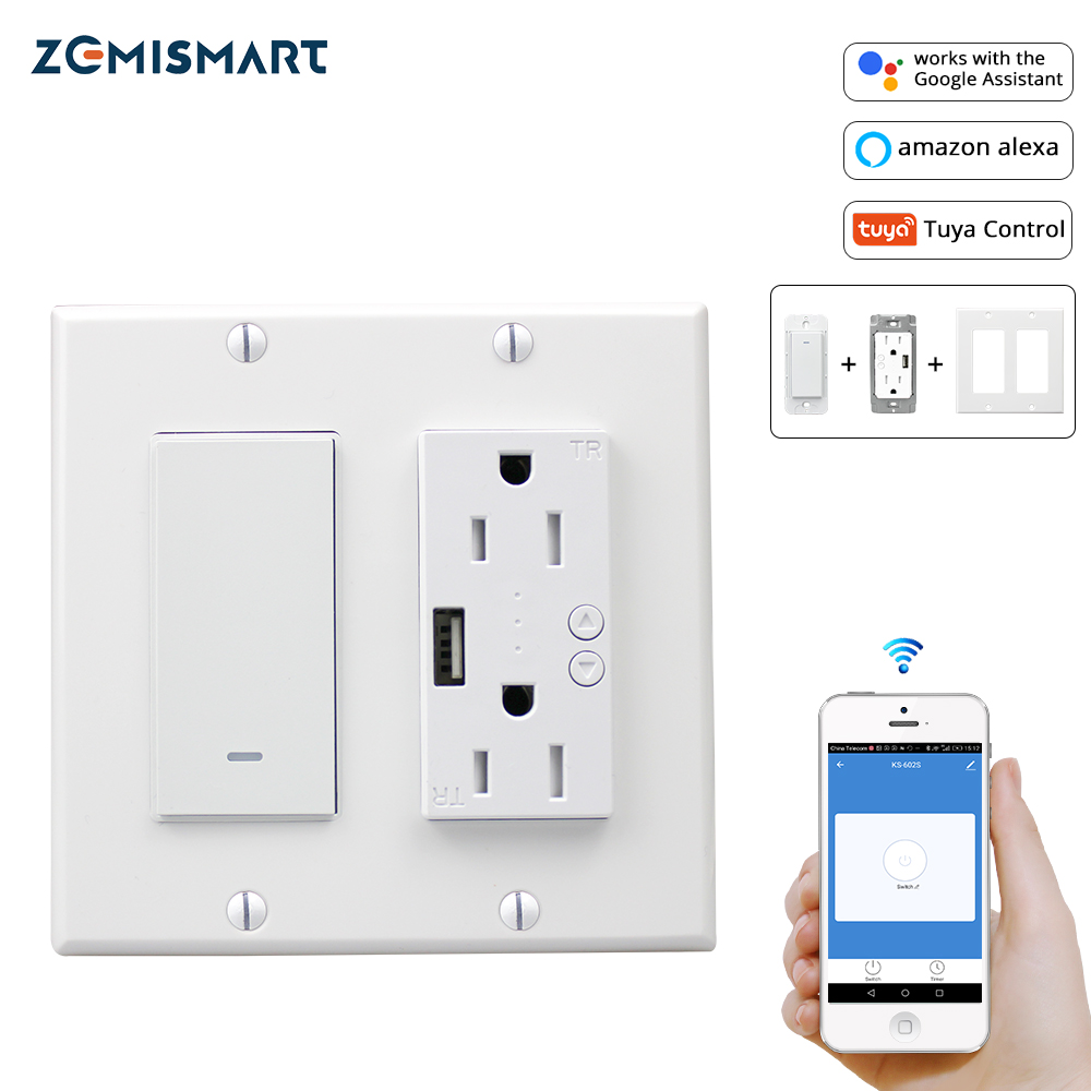 WiFi Light Switch with USB Port Outlet US 2 gangs Tuya Control Alexa Enable  110V