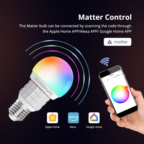 Zemismart WiFi Matter Certified Bulb RGB E27 Dimmer Enable Homekit Google  Home SmartThings Alexa Control