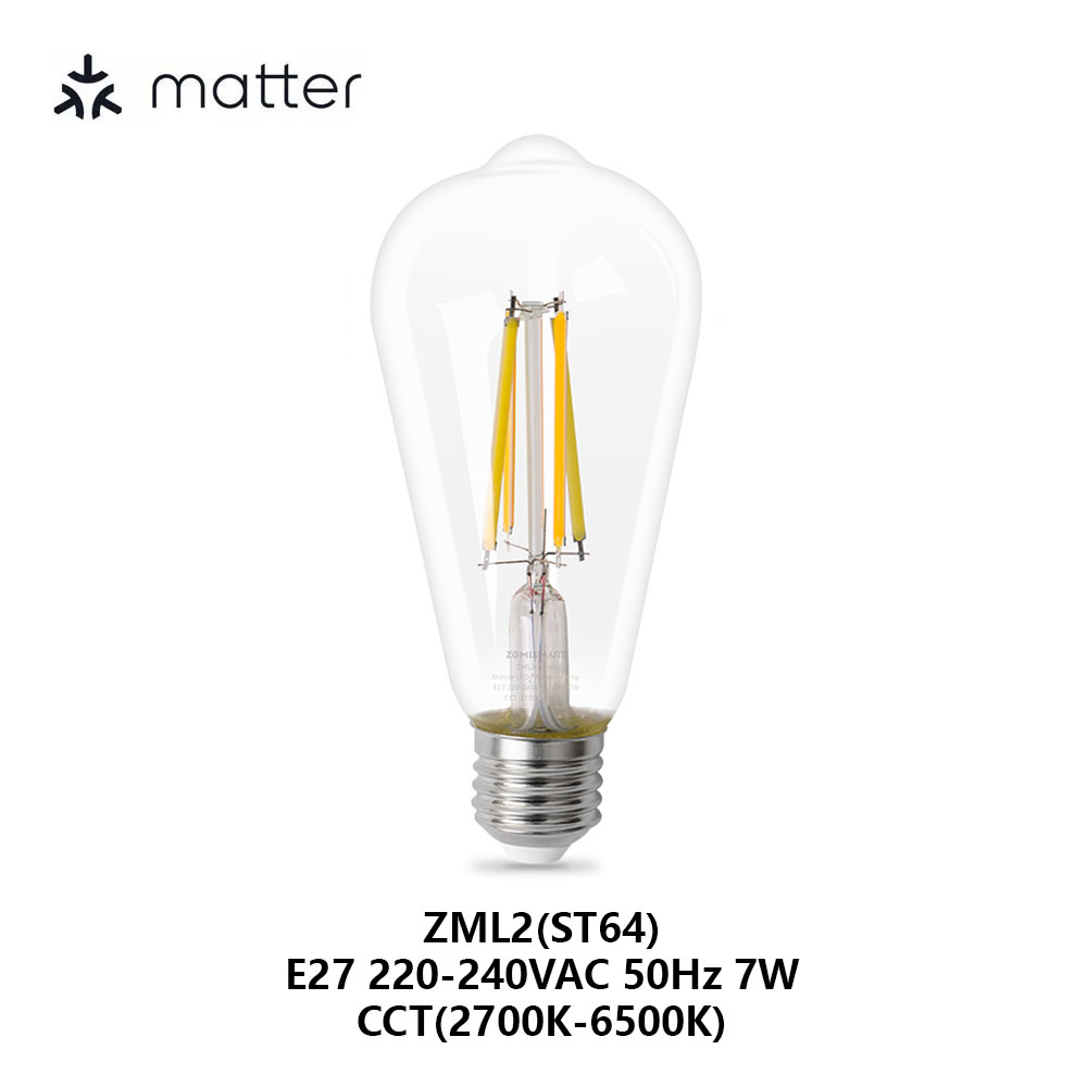 Zemismart Matter Over WiFi 7W Smart LED Filament Light Bulb E27 Dimmable  Tungsten Lamp SmartThings Siri Alexa Google Home 220V