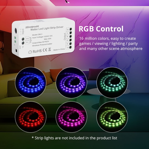 Zemismart Matter Over WiFi Led Strip Light Controller RGBCW Smart Led Driver Support Smartthings Alexa Google Home App Control