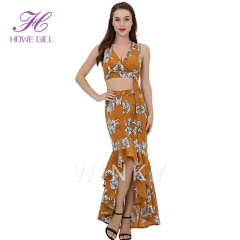 Crop Top And Skirt Set Women Floral Two Piece Dress Sets