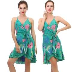 Fashion Sleeveless Ruffle Flower Printed Summer Short Sexy Ladies Women Wrap Dress